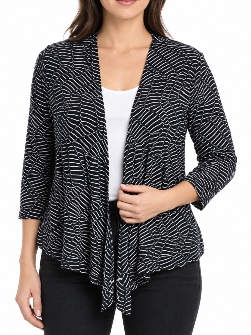 NIC+ZOE Mixed Lines 4-Way Cardigan Size S Navy White Geometric NWT
